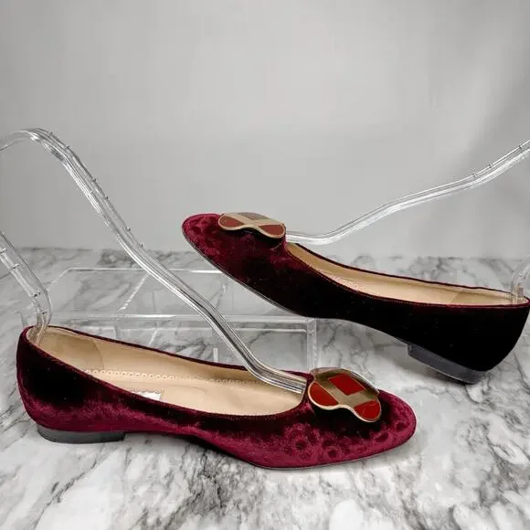 Oscar de la Renta Bordeaux Velvet Flat Ballet Shoes 38.5 US 8 Burgundy Gold - Picture 4 of 7